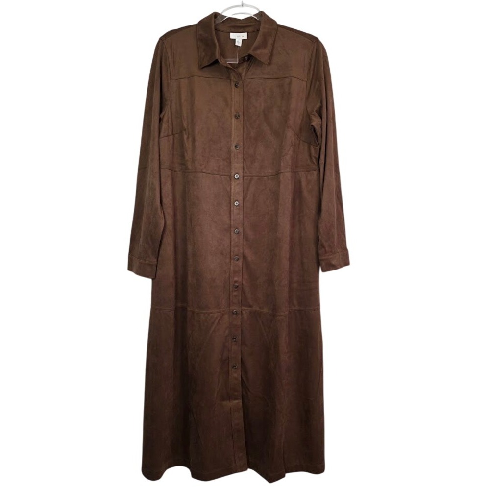 J. Jill Women's L Faux Suede Button Front Long‎ Shirt Dress Mahogany Brown NWT